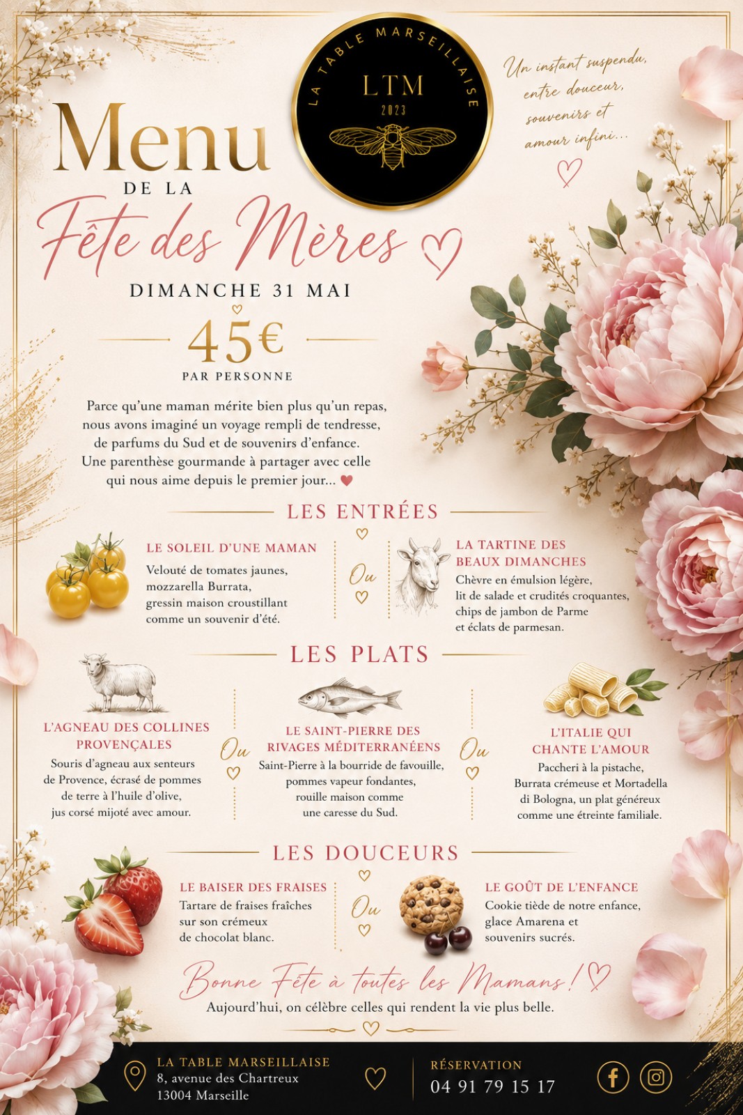 restaurant avec un délicieux menu pour la fête des mères à Marseille le 31 mai